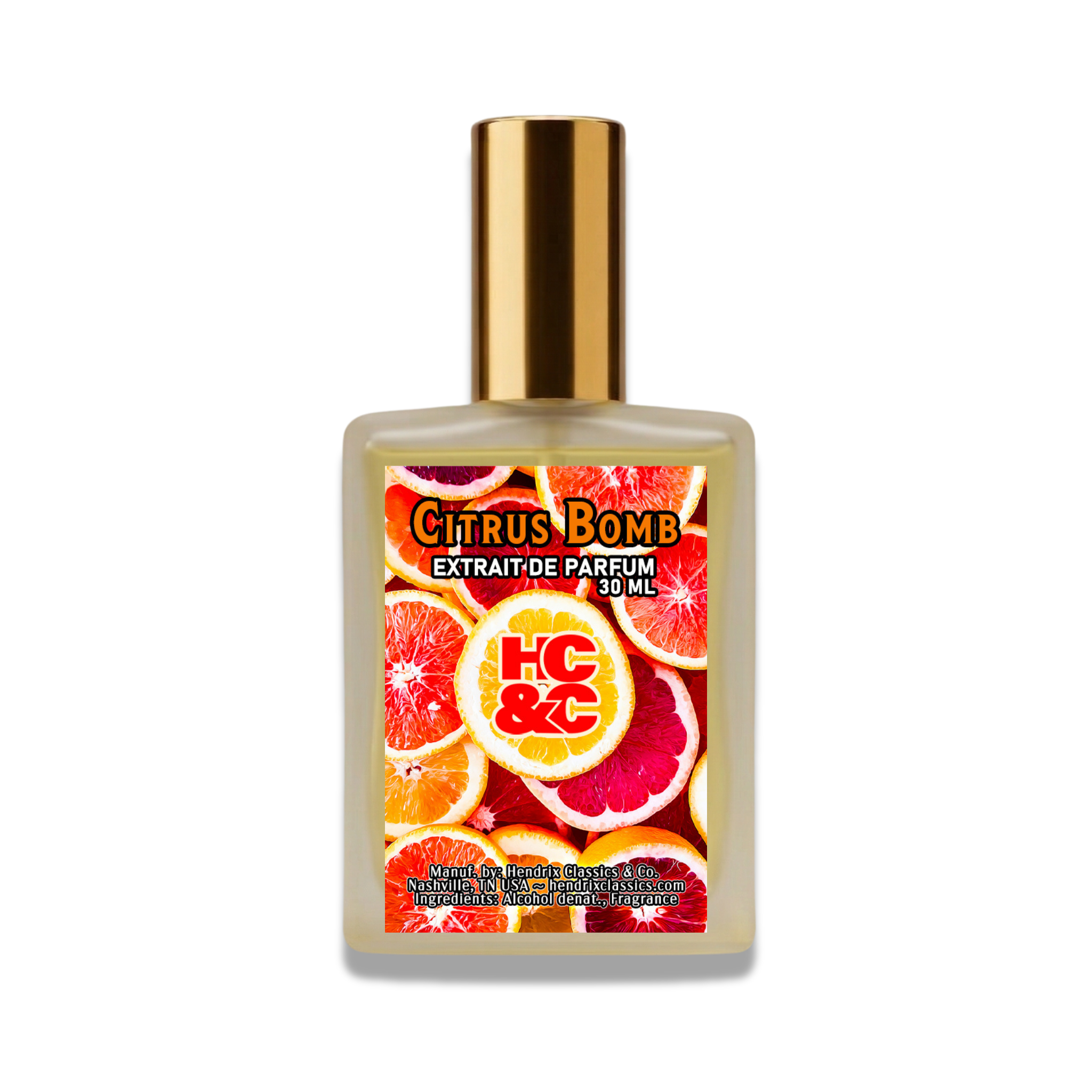 Perfume bottle labeled 'Citrus Bomb' with a gold cap on a white background