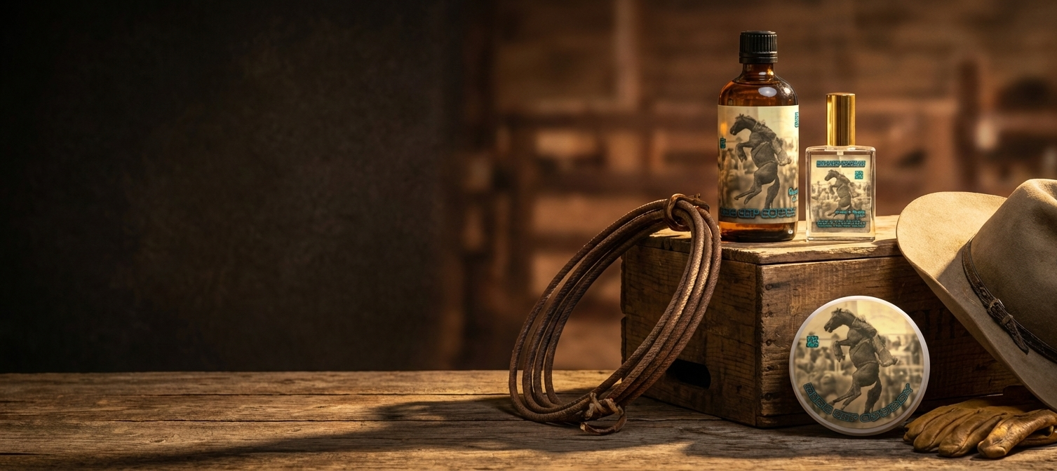 Vintage-style bottle with a label, cowboy hat, and lasso on a wooden surface.